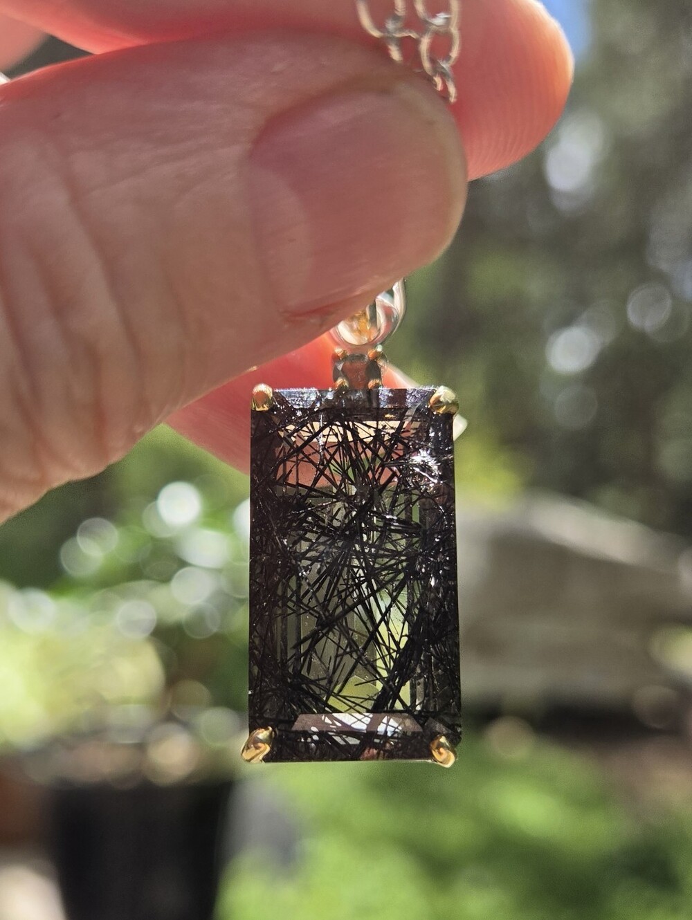 Rutilated Quartz Emerald Cut Natural 28k Topaz&tourmaline Pendant Necklace 18" - Picture 5 of 13